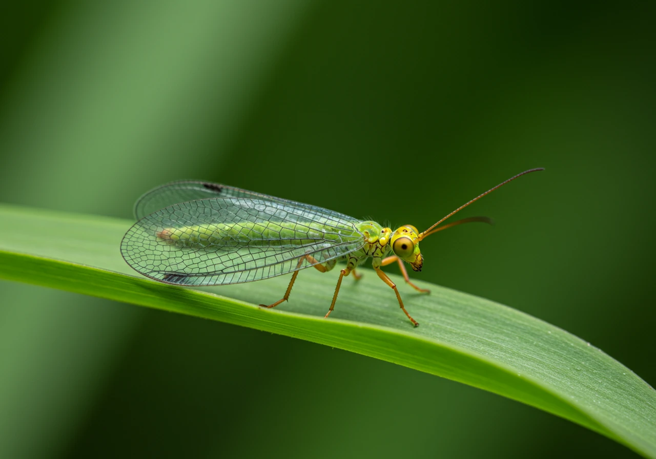 A detailed close-up photograph of an adult green lacewing resting on a leaf or flower. This image will help readers visually identify the adult insect discussed in the text, highlighting its delicate features like the transparent, lacy wings and potentially its golden eyes.