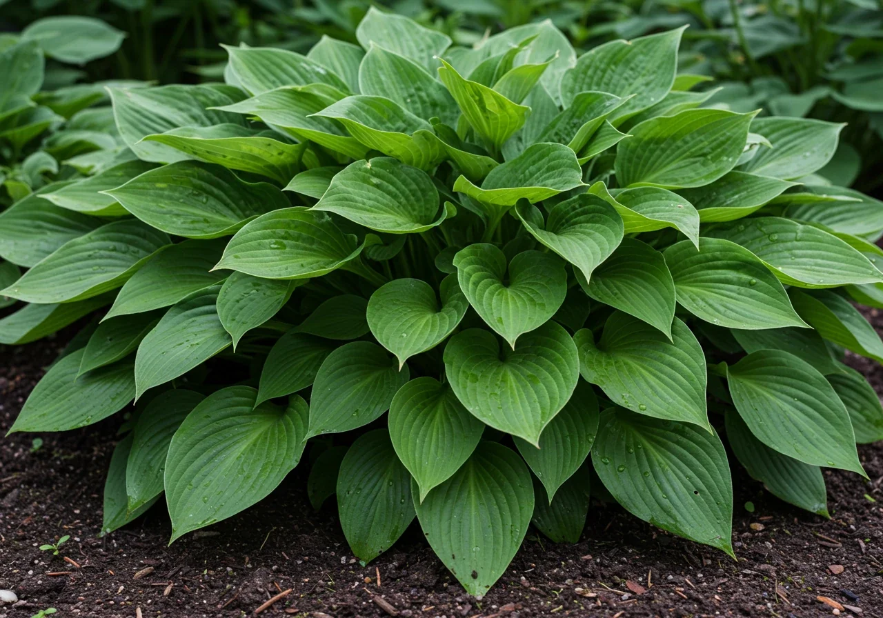 A dramatic close-up shot showcasing an extremely overcrowded hosta clump where the leaves are densely packed, overlapping significantly, and potentially showing some initial signs of yellowing or moisture damage at the base due to lack of airflow. The ground beneath should look damp and shaded.