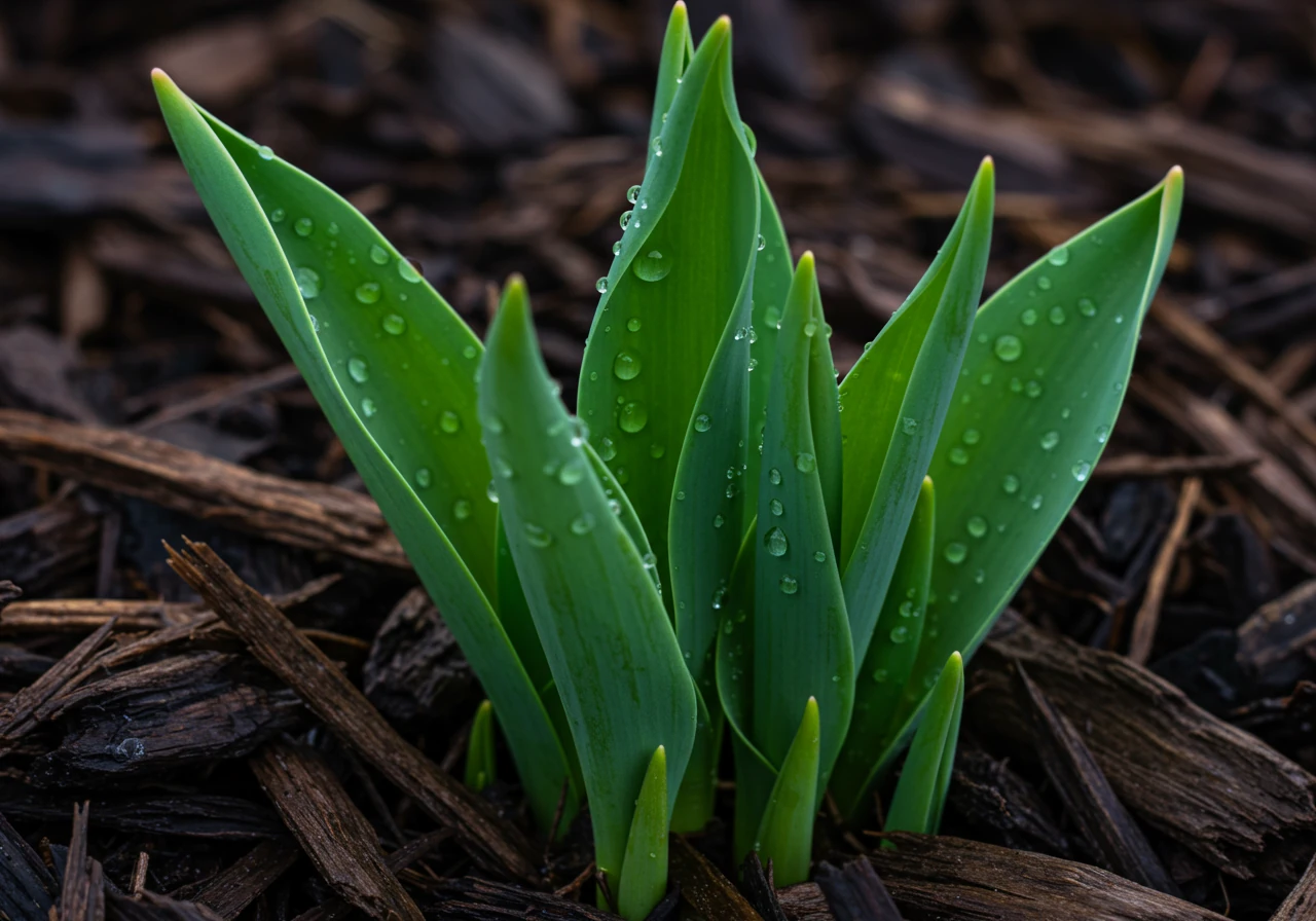 A hopeful image of early spring growth, showing vibrant green shoots of bulbs (like tulips or daffodils) pushing up through a layer of mulch or dark soil. This symbolizes the successful result of fall planning and avoiding damage to dormant plants, representing the 'payoff' of keeping a log.
