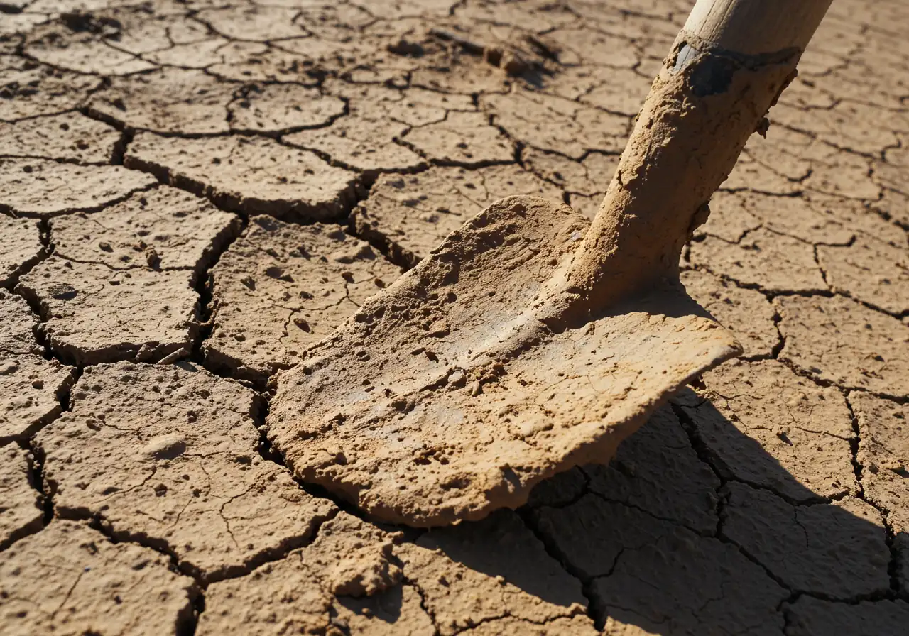 A detailed close-up photograph capturing the distinct texture of heavy clay soil. The image could show either dry, cracked clay surface under sunlight, emphasizing its hardness, or a clump of moist, sticky clay on a garden spade, highlighting its density and poor drainage properties.