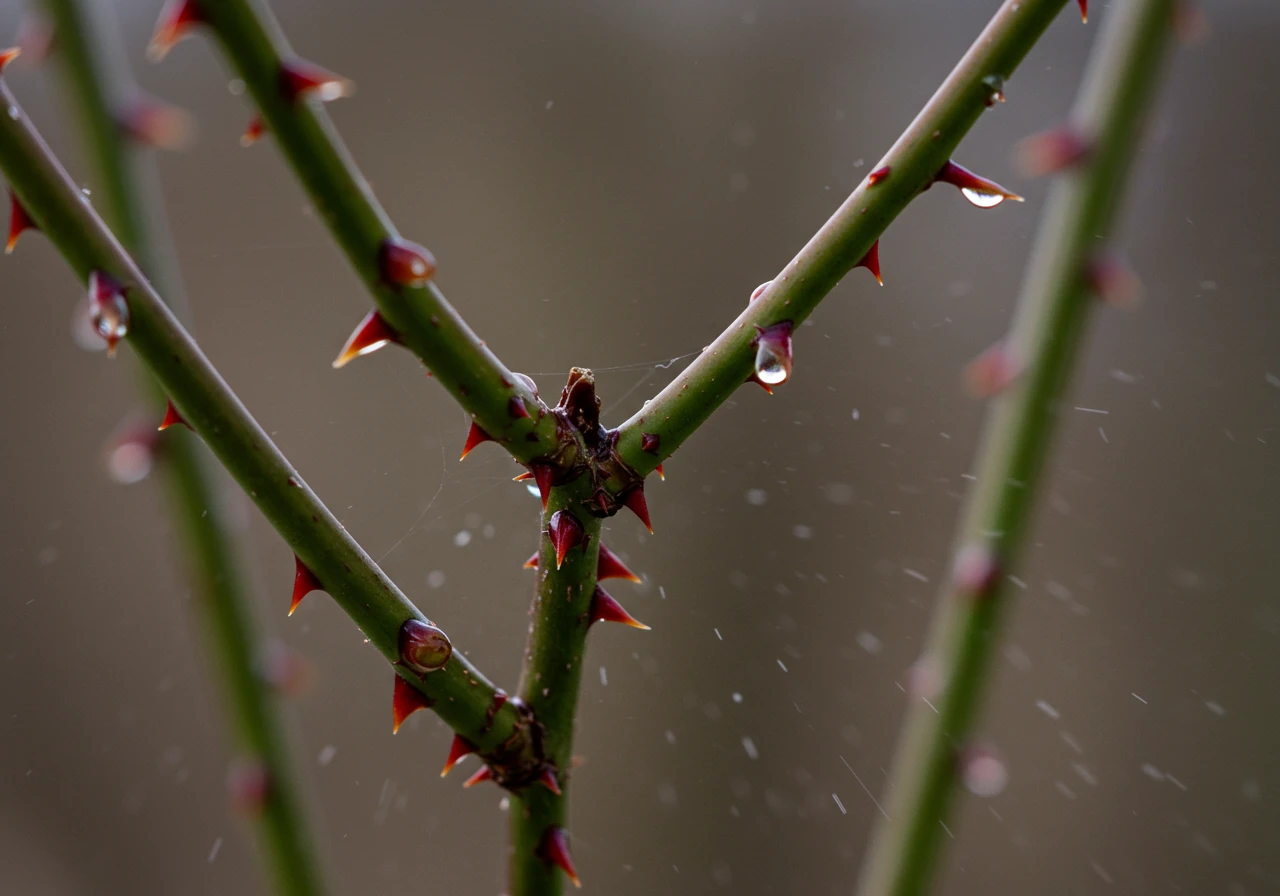 A detailed close-up of several dormant rose bush canes in early spring. The canes are clean and show evidence of recent pruning. Tiny water droplets cling to the smooth bark surface, suggesting a recent gentle spray with water or insecticidal soap, illustrating a physical pest control method.