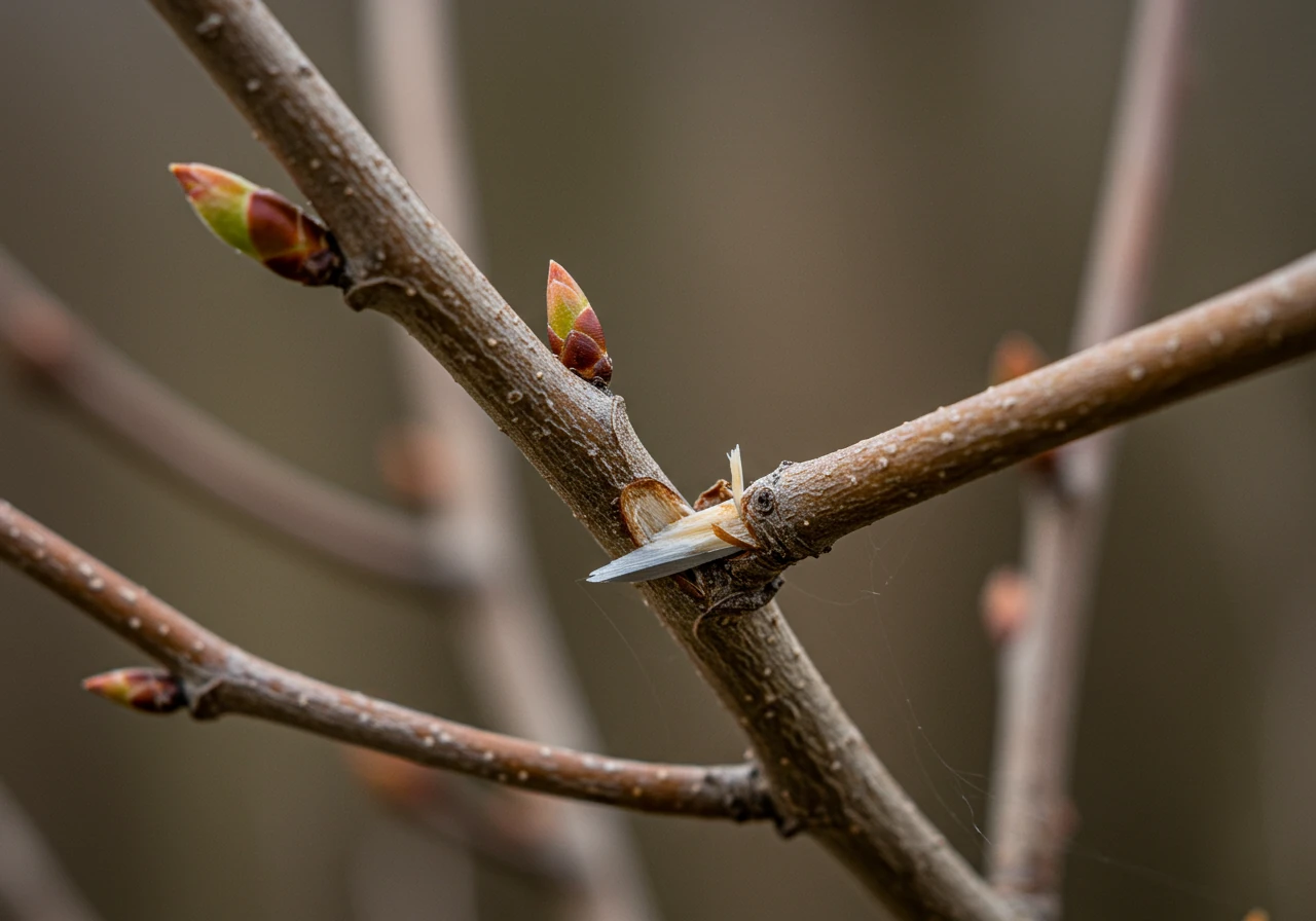 Visually represent the 'Snip Snip - Damage Control Pruning' task. This image should show a close-up of woody shrub branches where one clearly broken or dead branch has been cleanly pruned off near a healthy bud or junction, highlighting a proper pruning cut.