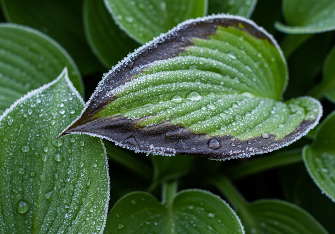 A detailed close-up photograph showcasing frost damage on tender perennial leaves, like a Hosta. The image should clearly display blackened, wilted leaf edges and possibly some translucent, water-soaked spots, contrasting with the remaining healthy green parts of the leaf. The focus is sharp on the damaged texture.