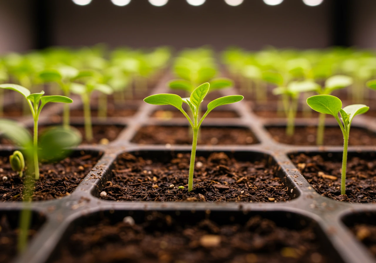 A close-up view of several healthy, vibrant green seedlings with their first true leaves emerging from sterile seed-starting mix in trays under the bright, cool light of an indoor grow lamp. Focus is sharp on the delicate leaves and stems, conveying fragility and the need for careful nurturing. The background is softly blurred.