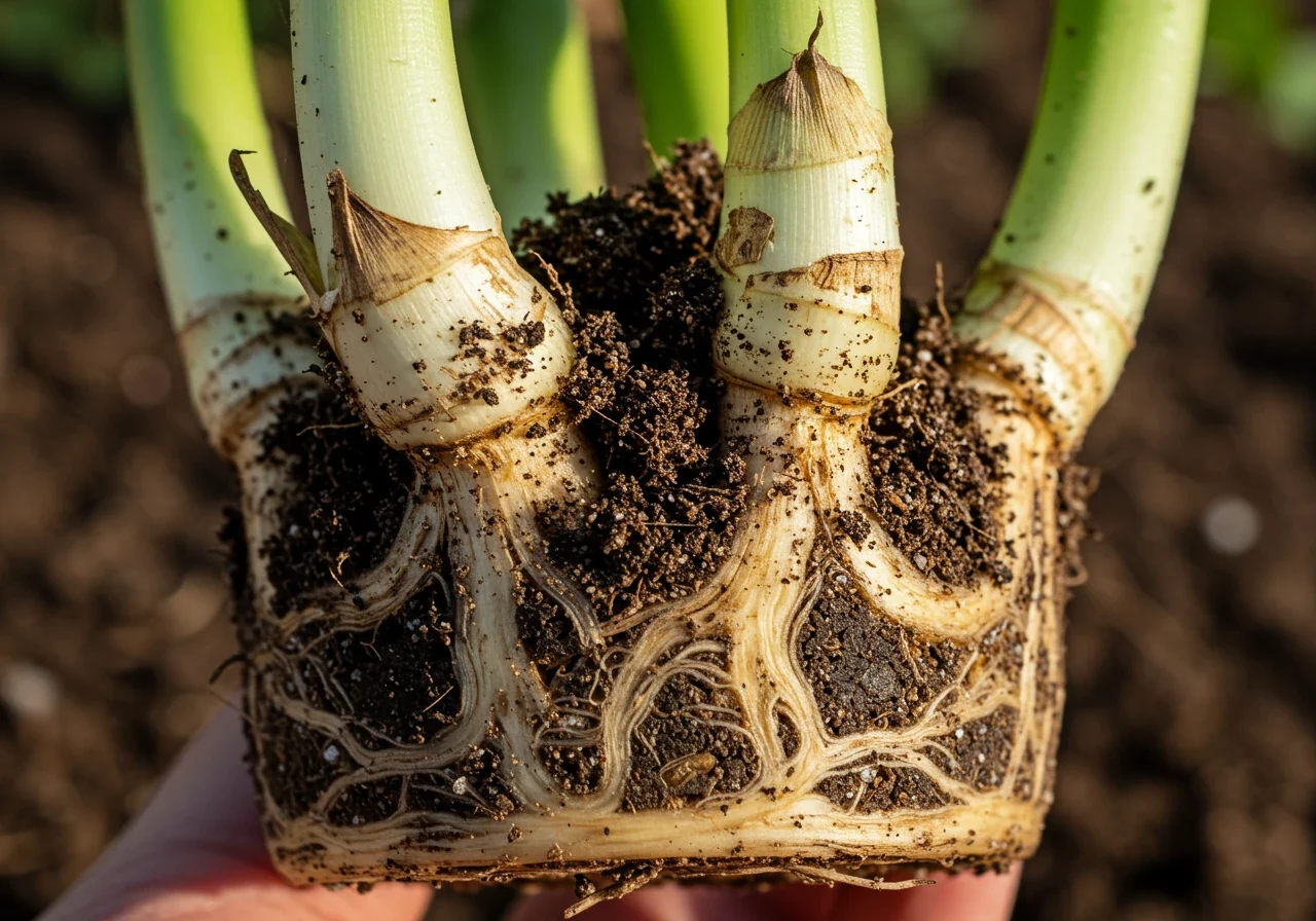 A detailed close-up photograph of a plant's healthy root system gently lifted from the soil. The roots are primarily whitish-tan, firm-looking, and show a good network of thicker anchoring roots and finer feeder roots branching outwards. Small clumps of dark, rich earth cling to the roots, but the overall structure and healthy color are clearly visible. The background is soft-focused soil.