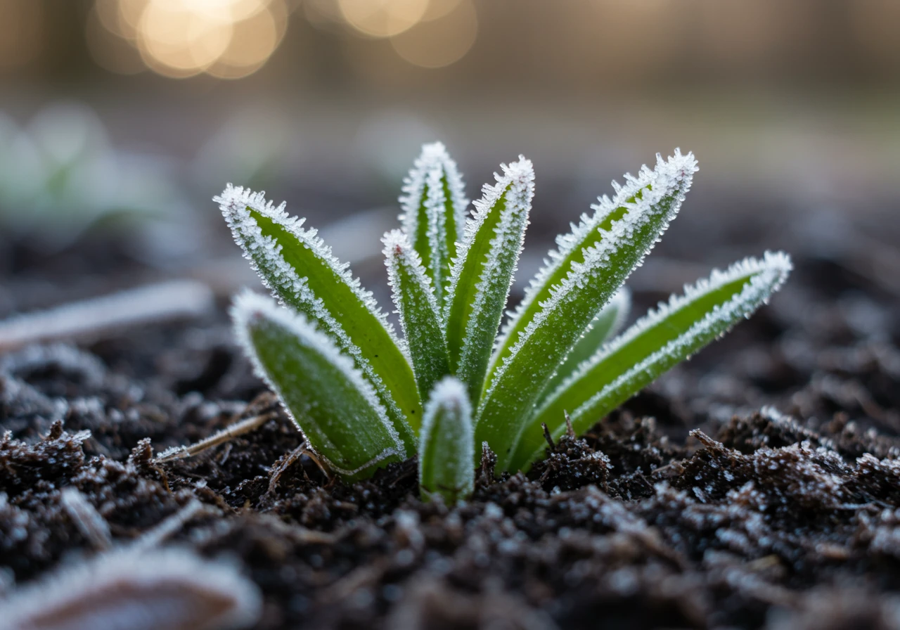 A close-up photograph focusing on delicate, bright green new leaves on a young perennial plant lightly dusted with late spring frost. The background should be slightly blurred garden soil, suggesting the transition from winter dormancy to vulnerable spring growth.
