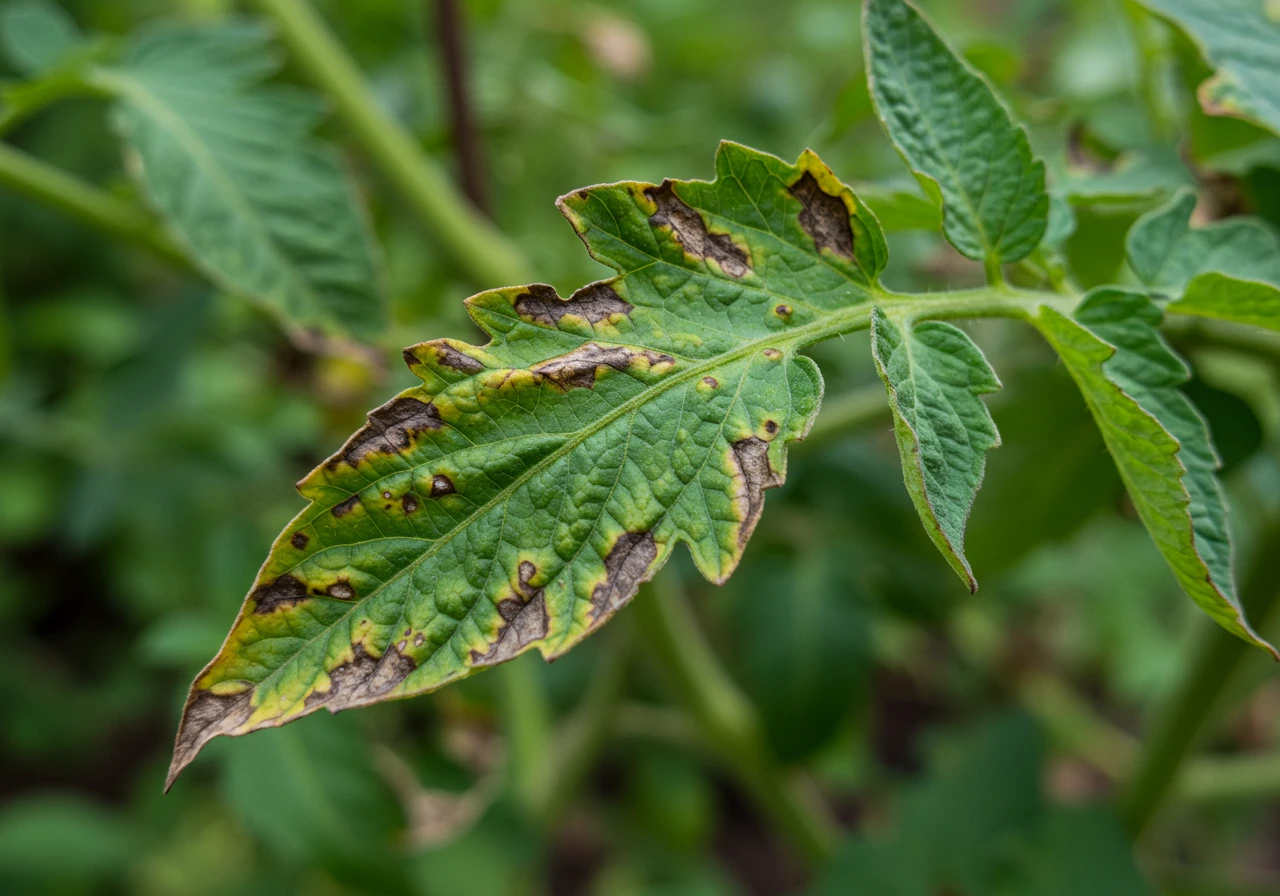 A detailed close-up image focusing on the leaves of a tomato plant clearly showing the characteristic dark spots, yellowing halo, and slight wilting symptomatic of early or late blight. The background should be softly blurred garden foliage.