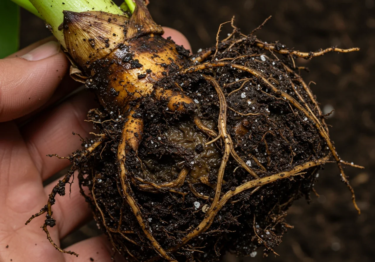 A close-up photograph contrasting with the healthy roots image. This shows an unhealthy plant root system exhibiting signs of root rot. The roots are dark brown to black, appear soft, mushy, and possibly slimy. Some roots may be visibly disintegrated or stringy. Clumps of overly wet, dark soil cling to the decaying roots. The overall impression is one of decay and poor health.