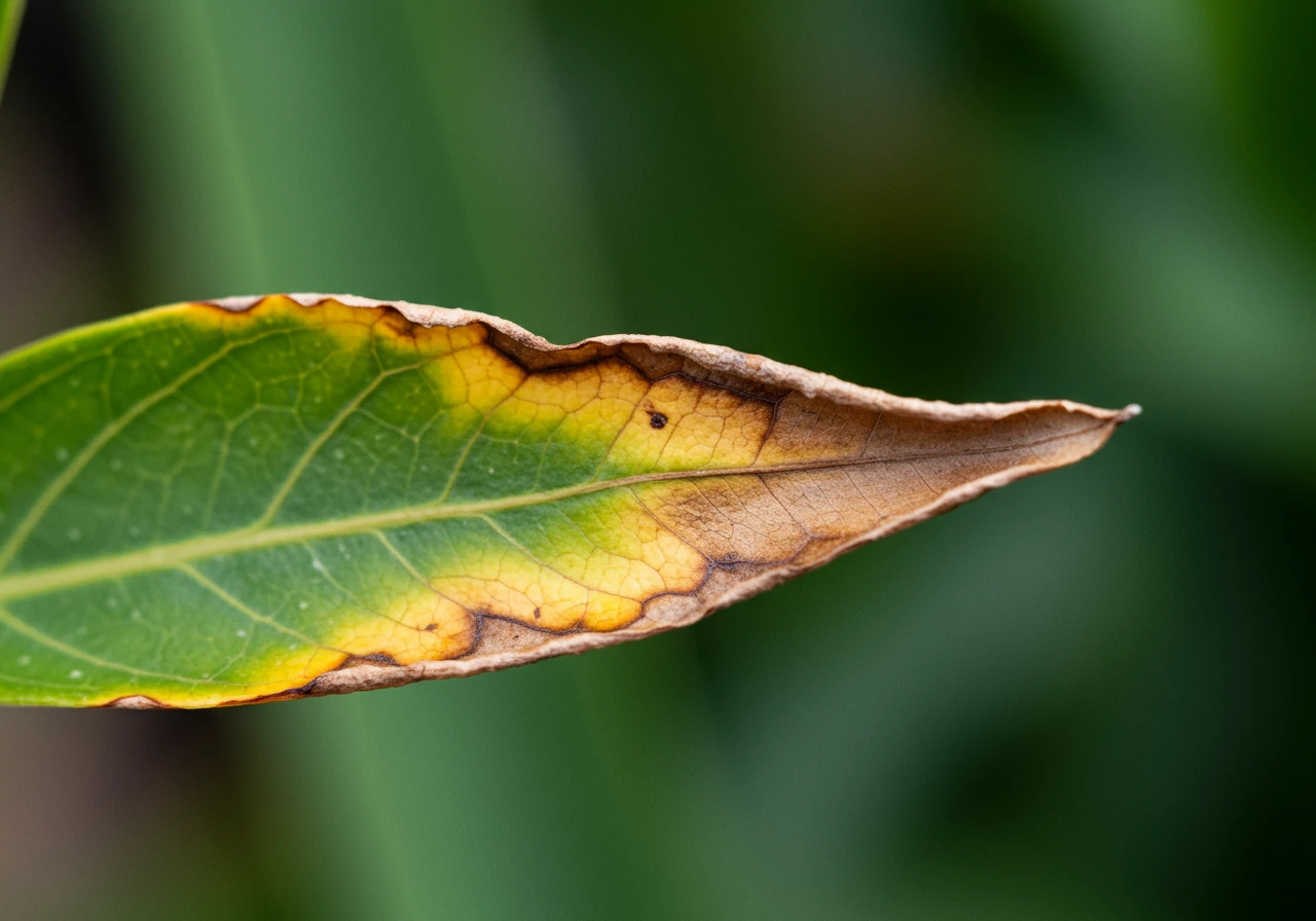 A detailed close-up photograph focusing on the leaves of a garden plant (e.g., a hosta or tomato plant). Several lower leaves clearly show the characteristic signs of fertilizer burn: crispy, brown, scorched edges and tips, contrasting with the still-green inner parts of the leaves. The background should be softly blurred garden foliage. The lighting should be natural daylight, highlighting the texture of the burnt edges.