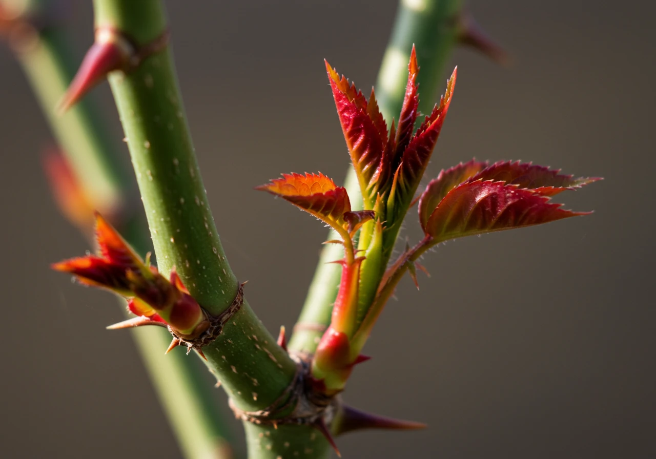 A close-up image focusing on the positive results of rejuvenation pruning: vigorous new growth. Show bright red or fresh green shoots emerging strongly from the base or lower parts of the old, pruned canes of a rose bush a few weeks after pruning.