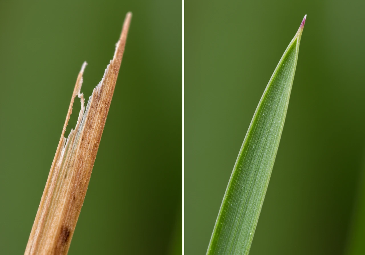 A detailed, macro photograph comparing two grass blades. One blade is cleanly sliced at the tip, vibrant green and healthy. The other blade beside it is torn and ragged at the tip, showing browning and fraying edges, illustrating the difference between a sharp and dull mower blade cut.