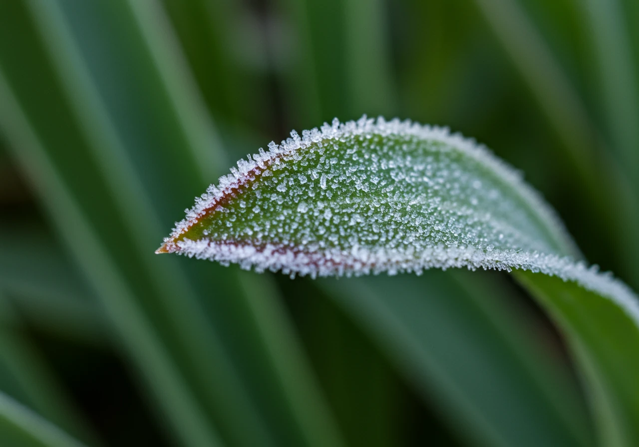 A detailed close-up (macro) photograph showing minor, realistic frost damage on the edge of a tender garden plant leaf, such as a basil or young tomato leaf. The leaf edge appears slightly darkened, wilted, or translucent, subtly conveying the impact of an unexpected late spring frost common in Zone 5a/b. The background should be softly blurred garden greenery. The lighting should be natural, soft morning light, possibly highlighting tiny ice crystals if depicting the moment of frost.