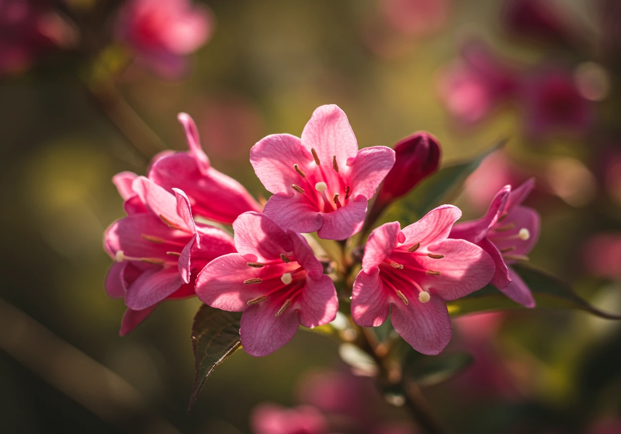 A stunning close-up photograph showcasing the vibrant trumpet-shaped pink or red flowers of a Weigela shrub in full bloom during spring. The background should be softly blurred green foliage, emphasizing the beauty and detail of the blossoms. Sunlight should gently illuminate the scene, highlighting the texture of the petals.