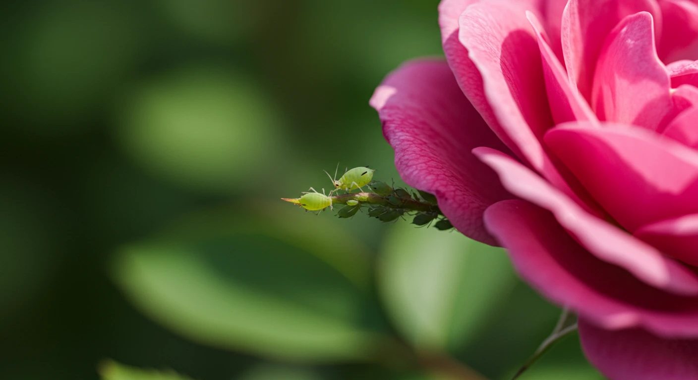 A close-up, high-quality photograph showcasing a beautiful, vibrant rose blossom in a typical garden setting. Subtly, on the stem just below the bloom or on a nearby leaf, a small, visible cluster of green aphids are present. The background should be softly blurred garden foliage, indicating a Nepean garden environment without showing specific landmarks. The focus is on the juxtaposition of beauty and the pest problem.