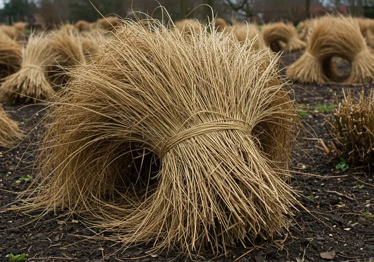 A clear photograph demonstrating the 'Brilliant Bundle Technique' (Step 2). Show a large clump of dormant, tan-colored ornamental grass tightly gathered and tied around the middle with natural garden twine. The focus should be sharp on the bundled grass and the twine, ready for cutting, set against a garden bed backdrop. No tools or hands visible.