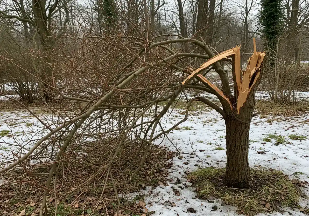 A medium shot photograph illustrating the consequence of not pruning before winter. It shows a deciduous shrub in late winter or early spring with several branches visibly snapped and bent downwards, clearly damaged by the weight of heavy snow or ice. The focus is on the broken limbs and the resulting misshapen form of the plant against a backdrop of melting snow.