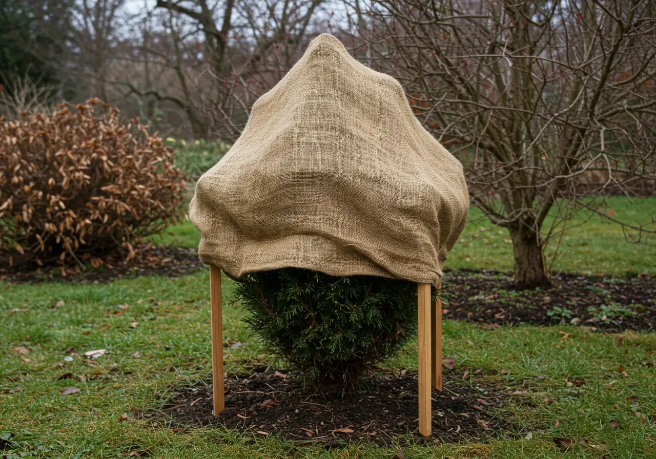A medium shot of a small arborvitae (cedar) shrub loosely protected for winter. Shows burlap fabric stretched between three wooden stakes surrounding the shrub, creating a screen, primarily on one or two sides. The burlap is not tightly wrapped against the foliage, leaving air space. The scene is late fall/early winter with dormant grass or fallen leaves.