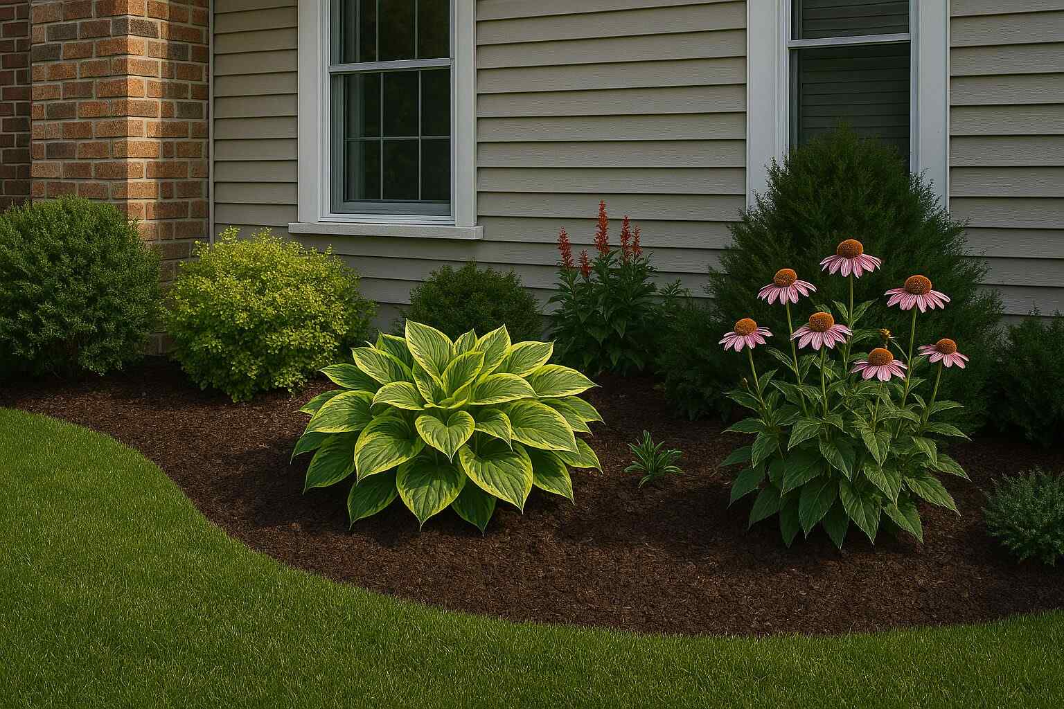 Large garden bed neatly edged and filled with natural cedar mulch