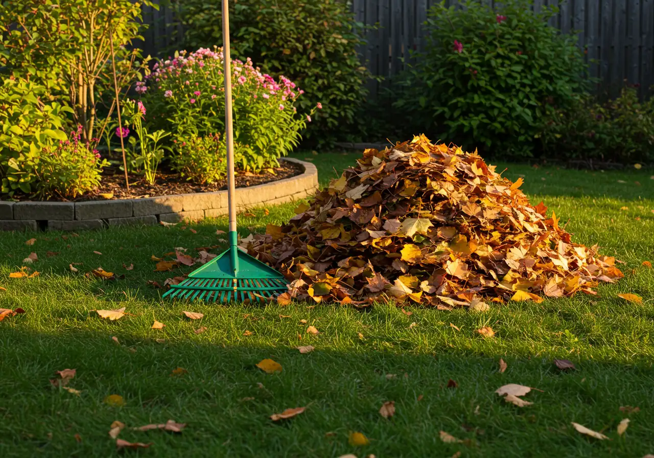 A visually appealing photograph capturing the essence of fall cleanup. Show a neat pile of colourful raked autumn leaves (reds, oranges, yellows) sitting on a patch of lawn next to a cleaned garden bed where perennial stems have been cut back. No tools or people visible, just the leaves and the tidy edge of the garden bed, implying the completion of the task.
