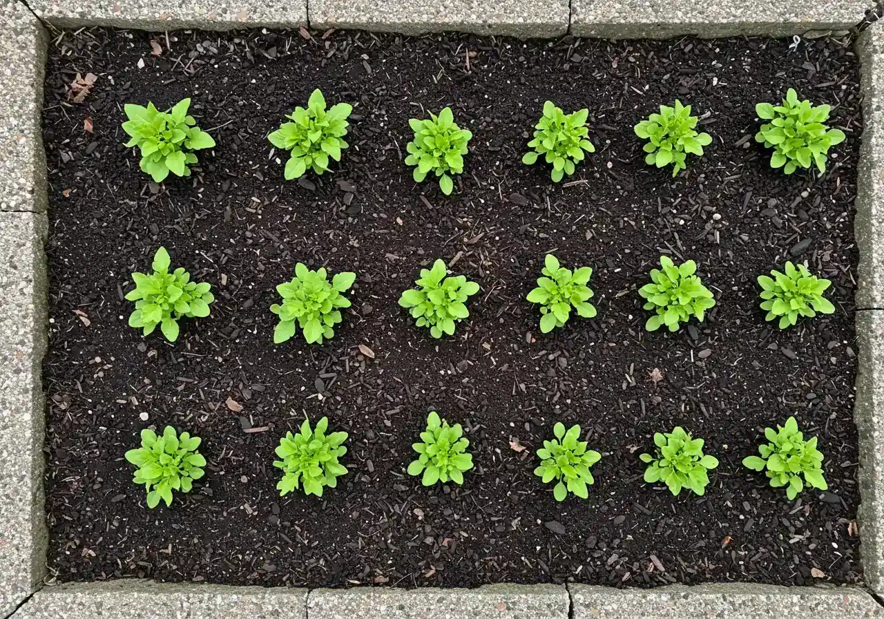 An image depicting a newly planted garden bed. Small seedlings or young plants (e.g., annuals or small perennials) are positioned far apart on a bed prepared with dark mulch or soil. This visually illustrates the concept of planting for mature size, emphasizing the initial sparseness that leads to future health.