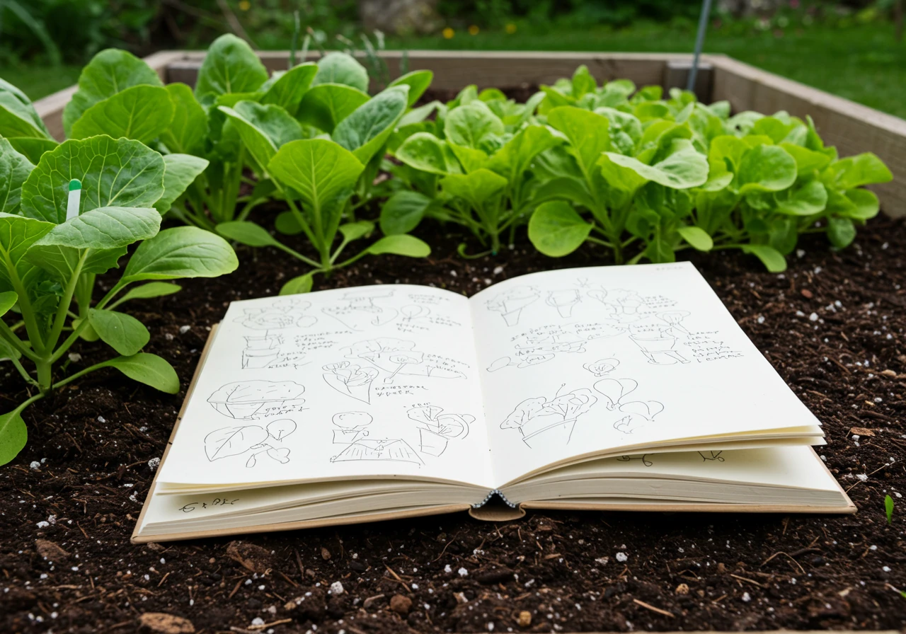 An image depicting the connection between records and results. An open, slightly weathered garden journal (no readable text, perhaps simple lines or abstract plant sketches) lies beside a row of remarkably healthy, thriving vegetable plants (e.g., lush lettuce or sturdy tomato plants) growing in dark, rich soil within a raised garden bed. Soft, natural morning or late afternoon light.