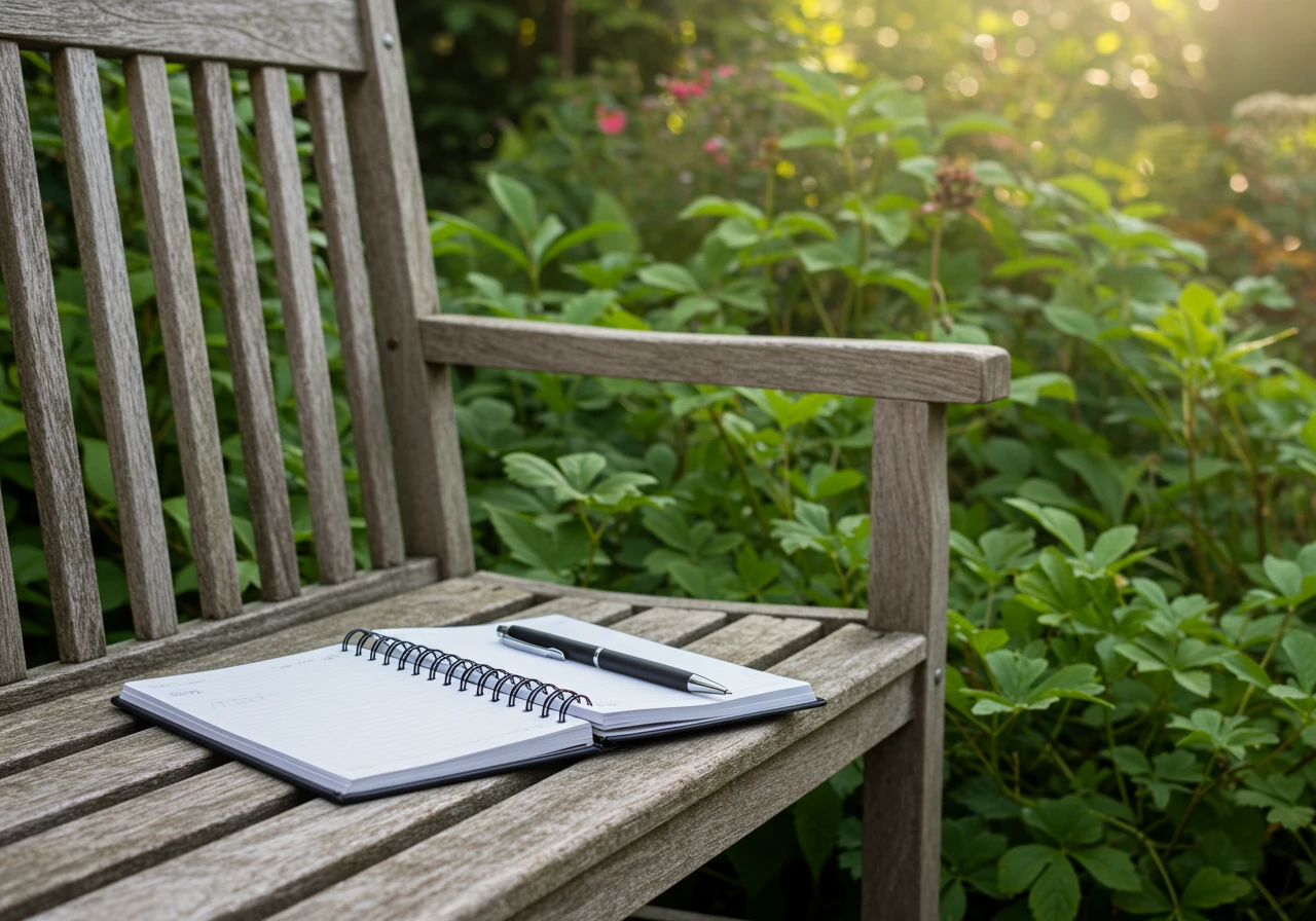 A slightly weathered, open gardening notebook and a simple pen resting on a rustic wooden garden bench. Soft morning light filters through out-of-focus green foliage and perhaps a few colourful flower blooms in the background, evoking a sense of peaceful garden planning.