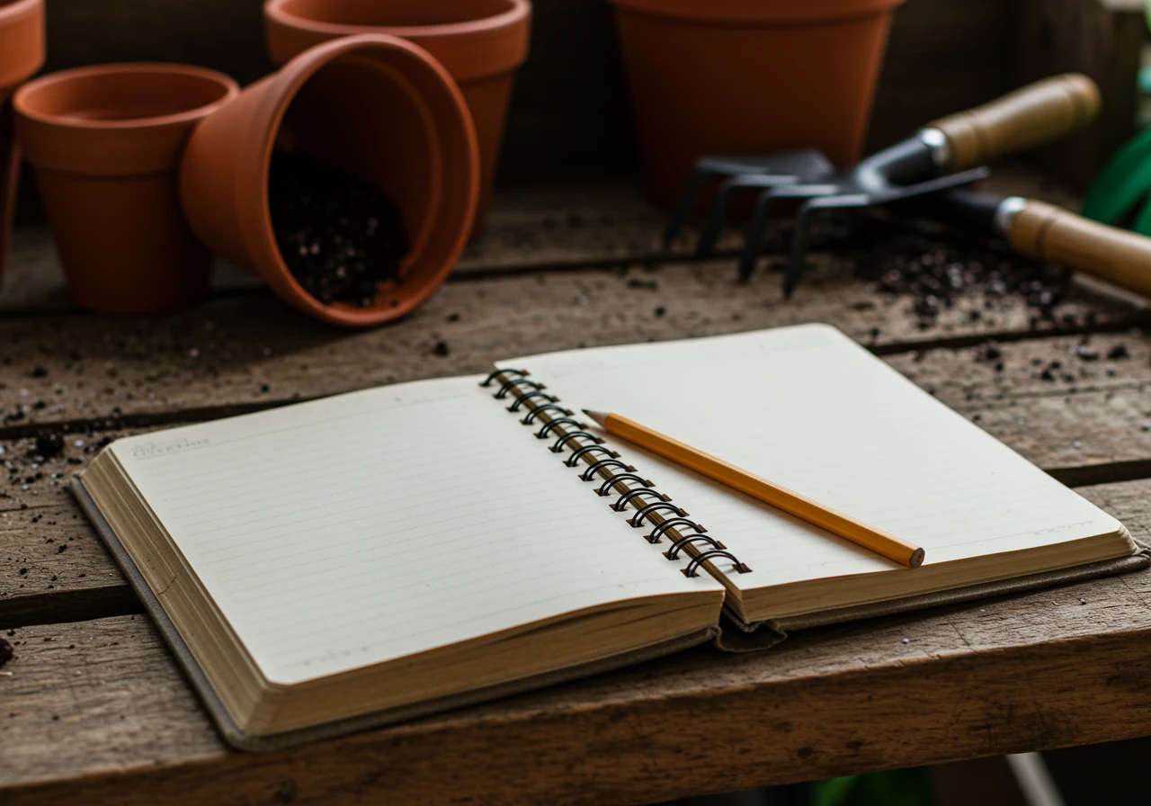 An open, sturdy, slightly weathered notebook with blank pages and a simple pencil resting beside it on a rustic wooden potting bench surface inside a garden shed or outdoors. Subtle, realistic smudges of dry soil are visible on the notebook cover or page edges, suggesting practical use in a garden environment. Background elements like terracotta pots, small hand tools (trowel, cultivator), or blurred green foliage outside a window subtly indicate the gardening context. Avoid legible text.