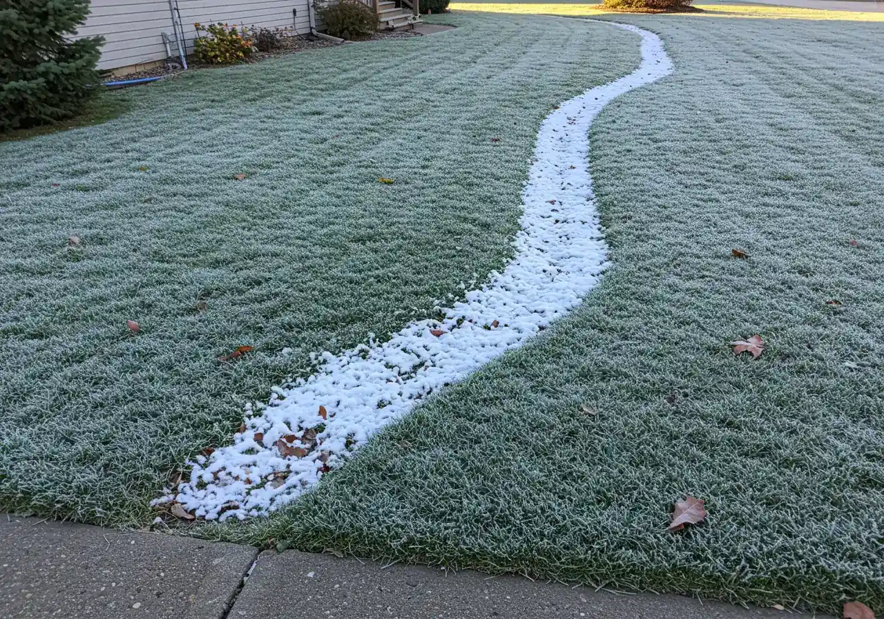 An overhead, slightly angled view (like from a second-story window, but focused on the ground) of a residential lawn on a very early, cold fall morning. Visible patterns of white frost clearly delineate different microclimates: heavier frost accumulation in a distinct low-lying swale across the lawn, less frost near the base of the house foundation, and almost no frost on a paved walkway cutting through the grass. No buildings fully shown, just the ground patterns.