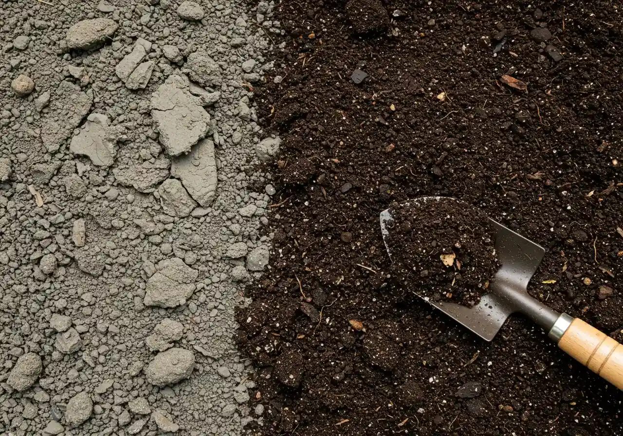 Close-up view showing the distinct texture difference between unimproved heavy clay soil (dense, greyish-brown, possibly slightly cracked if dry or sticky-looking if damp) and soil that has been generously amended with dark, rich, crumbly compost. A gardening trowel could be resting nearby, partially bridging the two soil types.