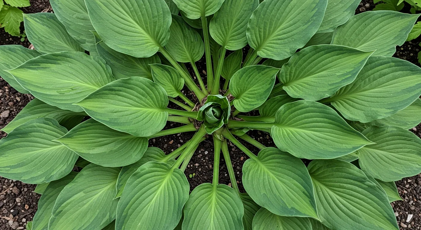 A clear, overhead shot of a mature hosta plant exhibiting the characteristic 'donut hole' effect. The center of the plant should look sparse or bare, while the outer ring of leaves appears relatively healthy and green, clearly illustrating the problem described in the text.