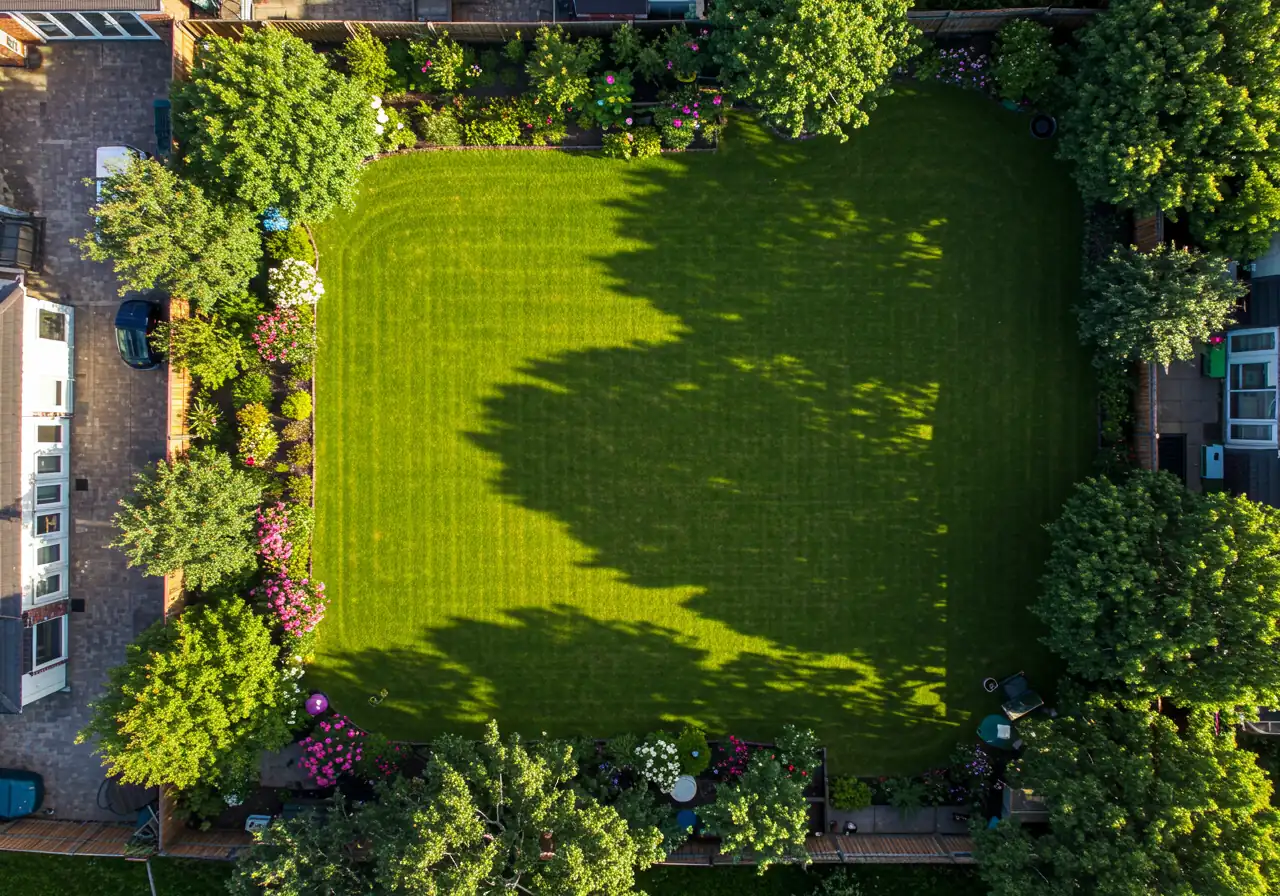 A visually clear photograph illustrating distinct sun and shade patterns across a backyard garden area. It should show part of a lawn, flower beds, and perhaps the edge of a patio, with sharp shadows cast by unseen structures (like a house or large tree off-camera), clearly delineating full sun, partial shade, and full shade zones.