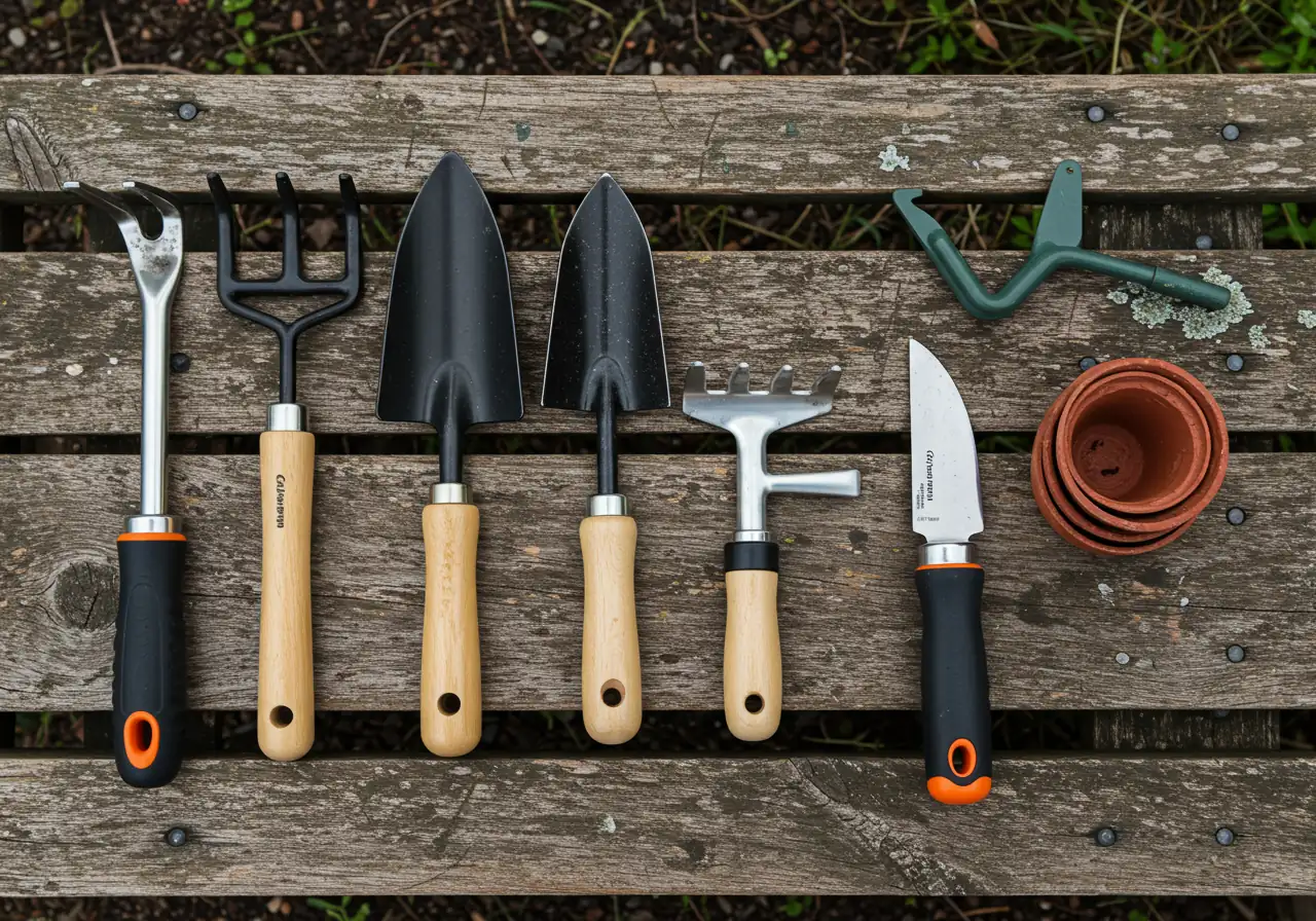 An overhead flat-lay composition of various knee-saving gardening tools arranged neatly on a weathered wooden garden bench. Include a long-handled cultivator, a stand-up claw weeder, an ergonomic hand trowel with a cushioned grip, and a hori-hori knife.