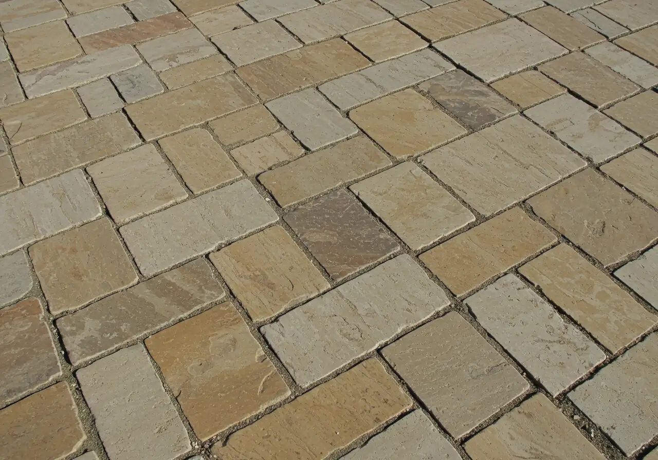An inviting photograph of a patio constructed from natural flagstone (e.g., durable limestone or granite suitable for the climate). Emphasize the unique shapes, natural colour variations, and rich texture of the stone. The stones should be fitted with reasonably tight joints. The image conveys a sense of timelessness and natural beauty, perhaps with soft shadows or dappled sunlight.