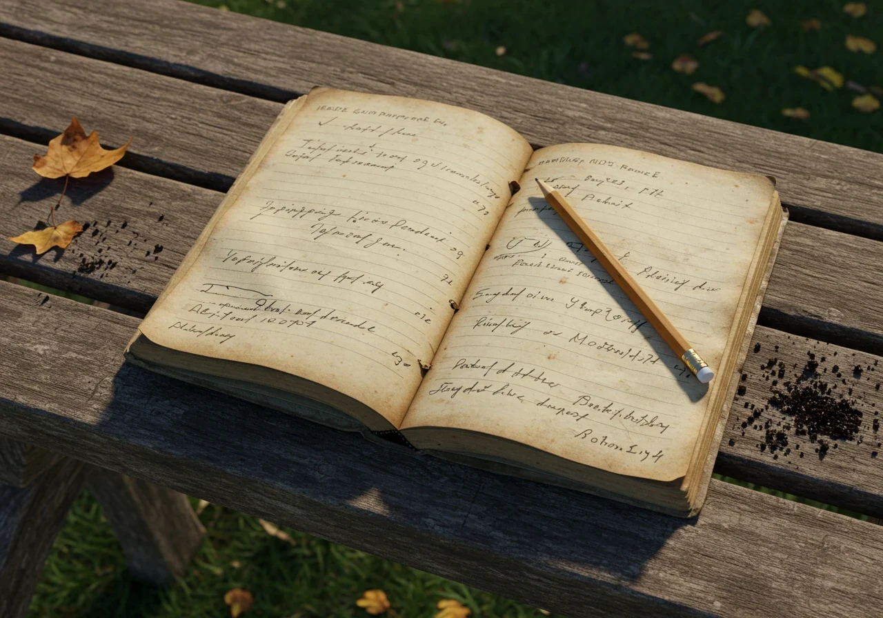 A close-up overhead view of an open garden logbook or notebook resting on a rustic wooden garden bench. The notebook has simple, indistinct handwritten lines (no readable text) and a pencil lies beside it. Subtle gardening elements like a few fallen leaves or a smudge of soil are visible nearby, suggesting practical use in a garden setting. The lighting is soft and natural.