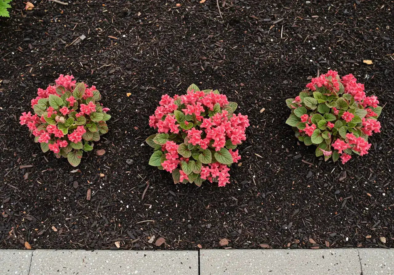 A clear, overhead or slightly angled shot showcasing a properly mulched garden bed. Feature healthy perennial plants (e.g., coral bells or ferns) surrounded by a consistent 2-3 inch layer of dark brown shredded bark mulch. Crucially, the image must clearly show the mulch pulled back about an inch or two from the base/crown of each plant, revealing the soil line around the stems. The bed should look neat and well-maintained.