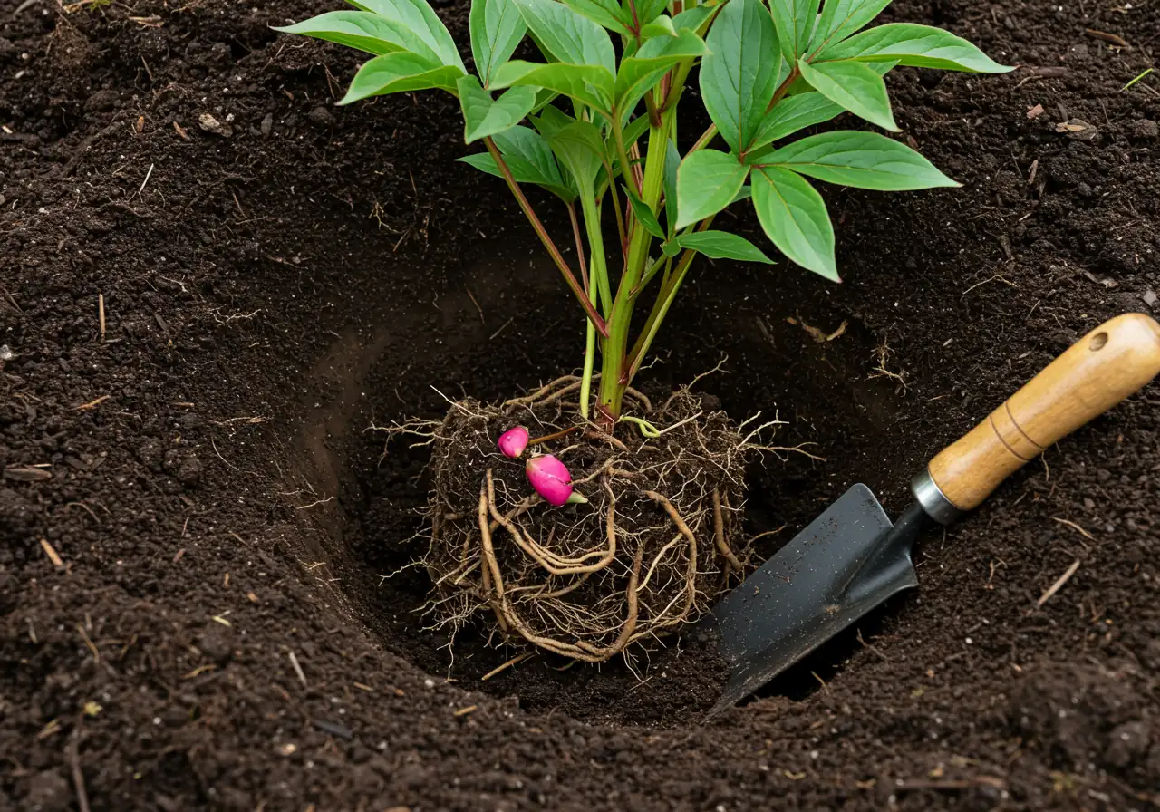 Visual guide for the critical planting depth step (Step 6). Shows a peony root division correctly placed in a prepared planting hole, with the 'eyes' clearly visible just 1-2 inches below the surrounding soil level. Amended soil is visible in the hole. A garden trowel rests nearby for context.