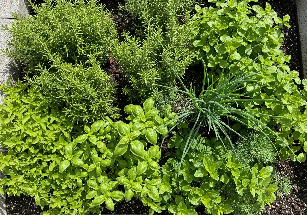 An inviting and neatly arranged small herb garden patch or herb spiral. It should feature a variety of recognizable herbs like bushy rosemary, vibrant green basil, feathery dill, and purple-flowered lavender, growing closely together, suggesting both aroma and culinary use.