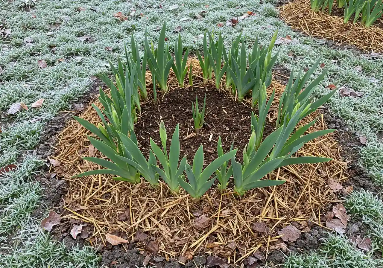 An overhead view of newly planted iris divisions in late fall after a light frost. The ground has a subtle frosty appearance. A light, airy layer (1-2 inches) of clean straw or shredded autumn leaves is applied as mulch around the base of the trimmed iris fans, leaving the area immediately around the foliage clear. Focus is on the mulch application around the plants.