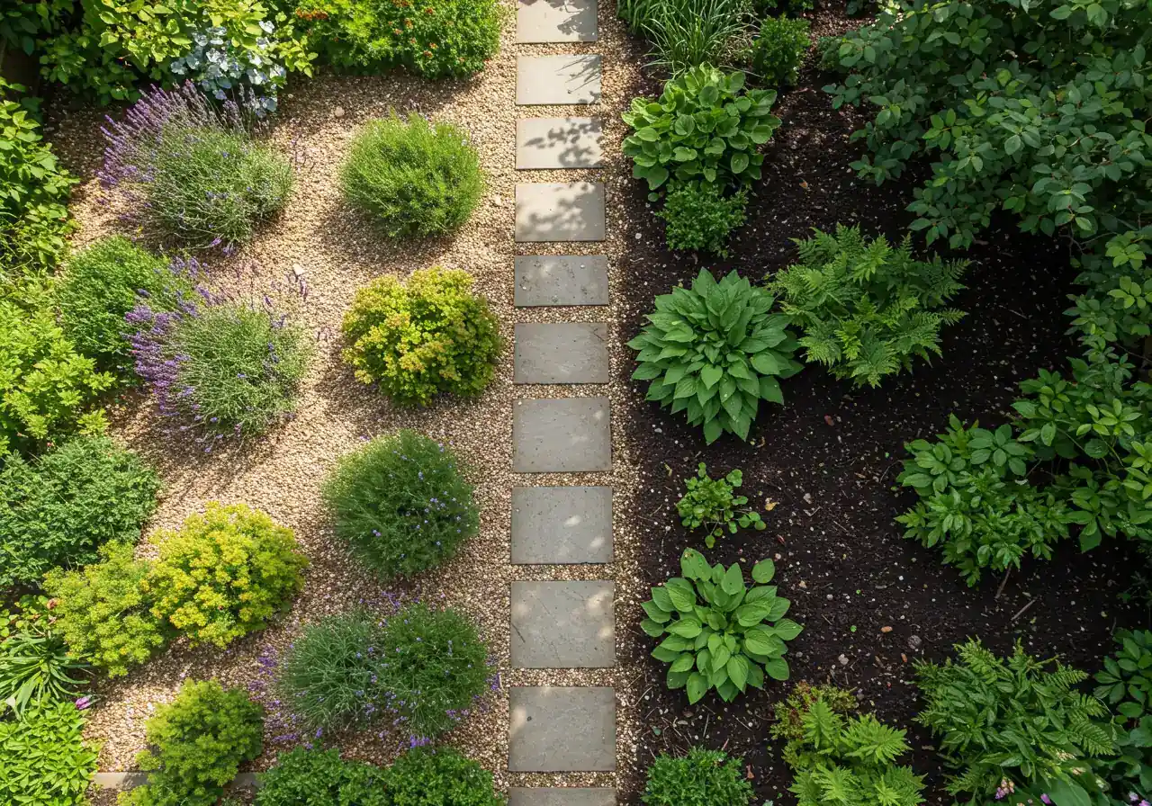 A visually distinct garden landscape clearly demonstrating different watering zones side-by-side. One section features sun-loving, drought-tolerant plants like lavender and sedum in gravelly soil under bright sunlight. Adjacent to it, separated by a simple stone path, is a shaded area with moisture-loving ferns and hostas nestled in rich, dark, damp-looking soil beneath leafy tree cover.