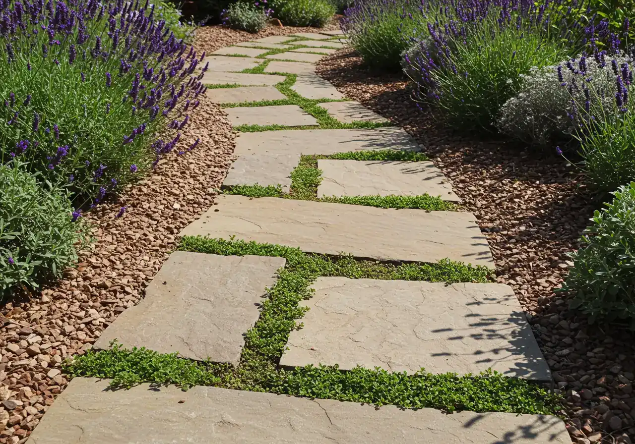 A visually appealing garden path made of irregularly shaped flagstones set slightly apart, with hardy green creeping thyme growing in the gaps between the stones. Alongside the path, a garden bed features low-water plants like lavender and small ornamental grasses, covered with fine gravel mulch. The image conveys permeability and attractive, functional hardscaping integrated with xeriscape planting.