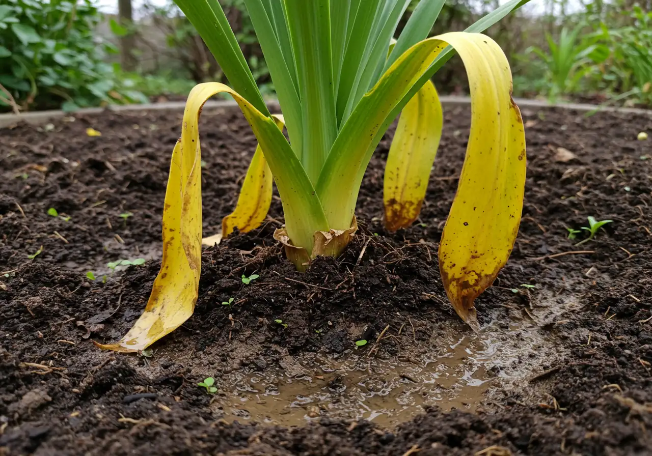 A photograph illustrating the negative impact of overwatering. Show the base of a garden plant (e.g., a perennial or small shrub) with its lower leaves visibly yellowed and slightly wilted. The soil surrounding the plant base should look dark, excessively wet, muddy, possibly with small puddles or a slick surface, clearly indicating waterlogged conditions and poor drainage. The focus is on the unhealthy interaction between the stressed plant roots and the saturated soil.