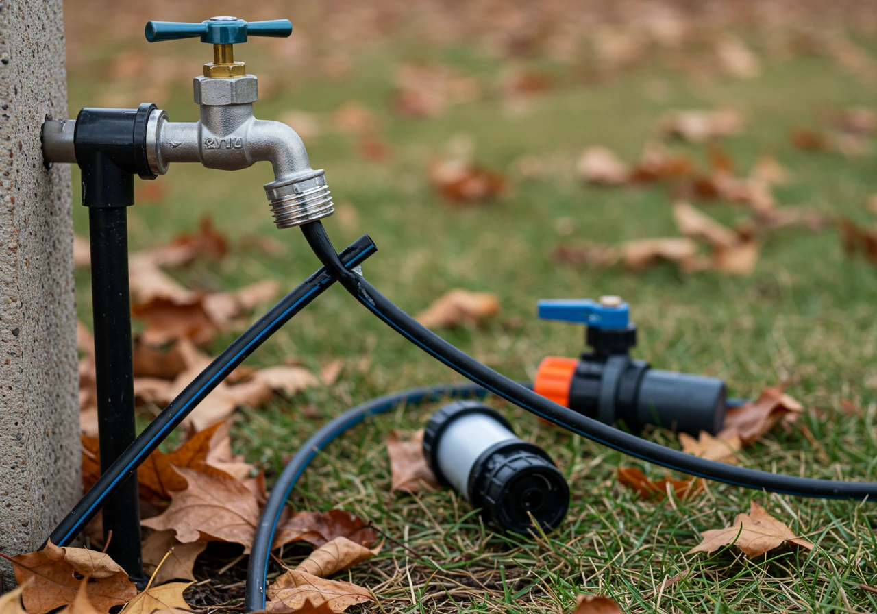 Photograph depicting the winterization preparation for a drip irrigation system. Show the main 1/2 inch tubing disconnected from the outdoor faucet (spigot), with the end of the tube open, perhaps resting on the ground or patio near the faucet. Nearby, the filter and pressure regulator components are detached and placed together, ready for indoor storage. The scene suggests late fall with perhaps some fallen leaves nearby, emphasizing seasonal preparation.