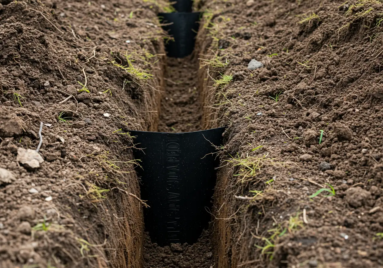 A clear photograph illustrating the installation of a root barrier. The image should show a section of black plastic root barrier placed vertically inside a cleanly dug trench within a garden bed. Soil should be visible on both sides, with the top edge of the barrier slightly protruding above the soil line. Focus on the barrier itself within the trench context, avoiding any depiction of tools or people.