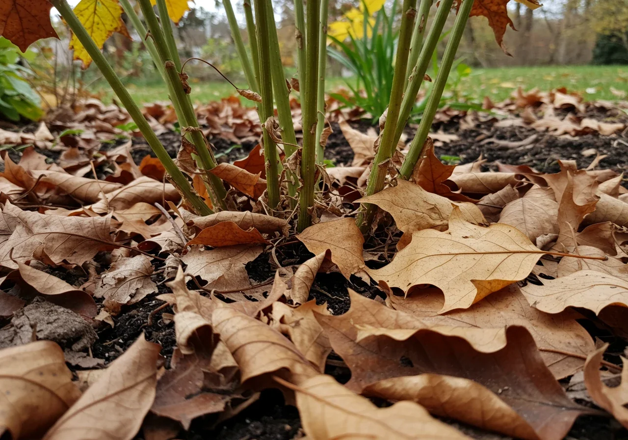 An evocative image showing a pile of decomposing autumn leaves and dead plant stems collected at the base of dormant garden perennials, visually representing potential overwintering sites for garden pests.