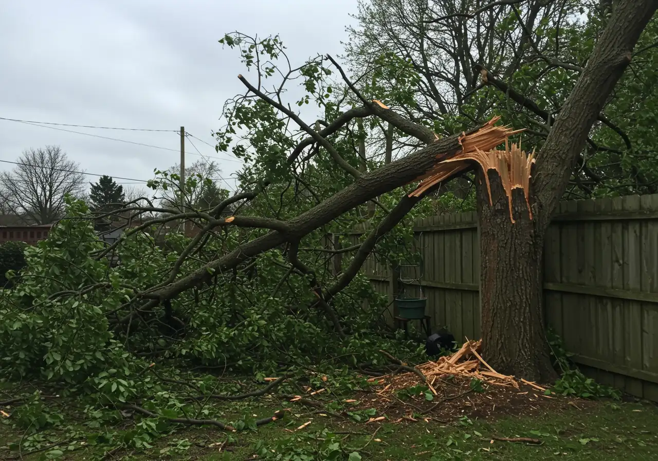 A clear image focusing on a significant broken tree branch resting precariously on lower limbs or potentially leaning against a garden shed or fence (no power lines). This visually reinforces the 'widowmaker' concept and the need for caution around unstable tree parts.