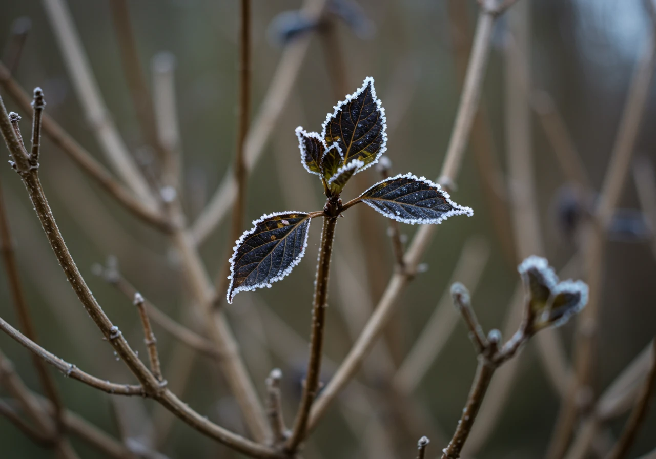 A photograph focusing on the blackened and shriveled new spring growth at the tips of branches on a deciduous shrub, such as a Hydrangea or Japanese Maple. The damage should be clearly visible against the backdrop of older, unaffected stems or leaves. The image conveys the vulnerability of new growth.