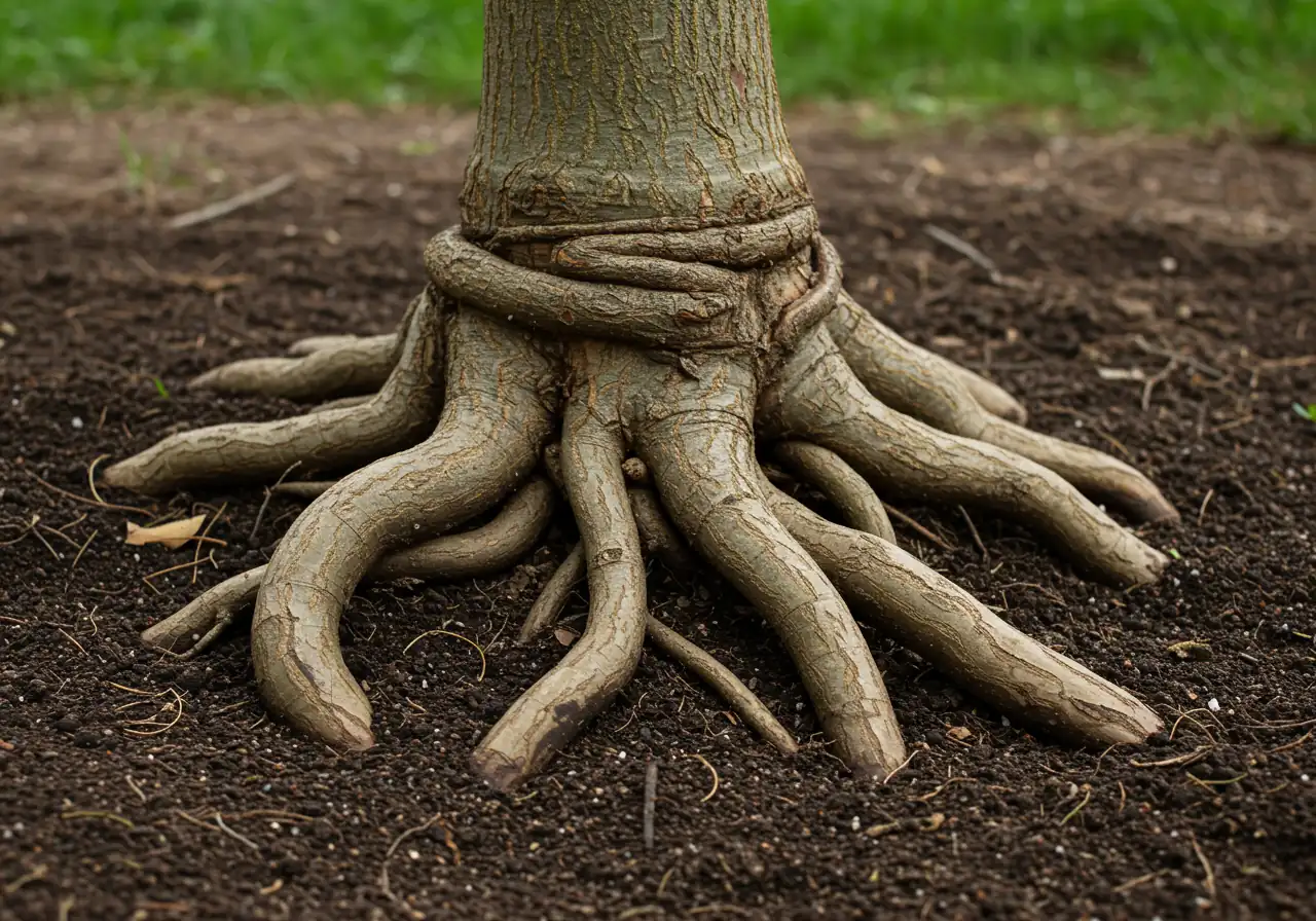 A focused photograph showing the base of a young tree trunk where several thick roots are visibly growing in a tight circle around the main stem at the soil line, clearly illustrating the concept of girdling roots.