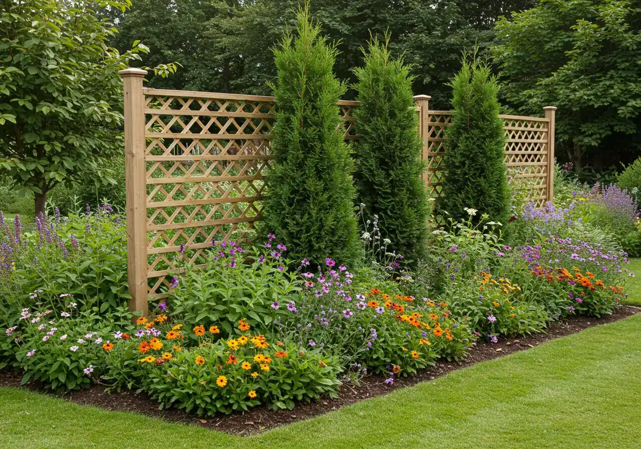 A photograph illustrating an effective garden windbreak. This could show a permeable barrier like a well-maintained lattice fence or a row of densely planted, columnar evergreen shrubs (like junipers) partially shielding a garden bed or patio area behind it, demonstrating how to filter wind.