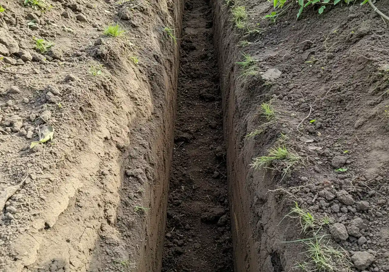 An image depicting the backfilling process described in Step 5. Shows a trench partially filled with a contrasting mixture of dark compost-rich amended soil next to the dense, lighter-colored native clay soil.