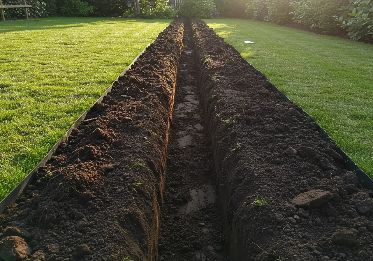 An image clearly showing a properly dug trench prepared for edging installation. This visually represents the crucial 'dig the trench' step described in the installation process, emphasizing depth and neatness.